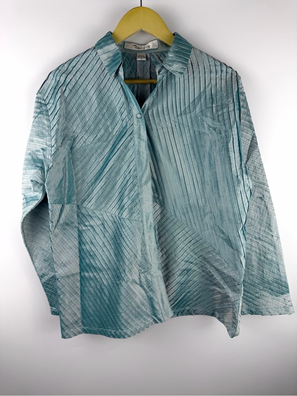 Quiet Luxury 100% Silk Pleated Blouse Sage Blue Indo-Chic Sz L